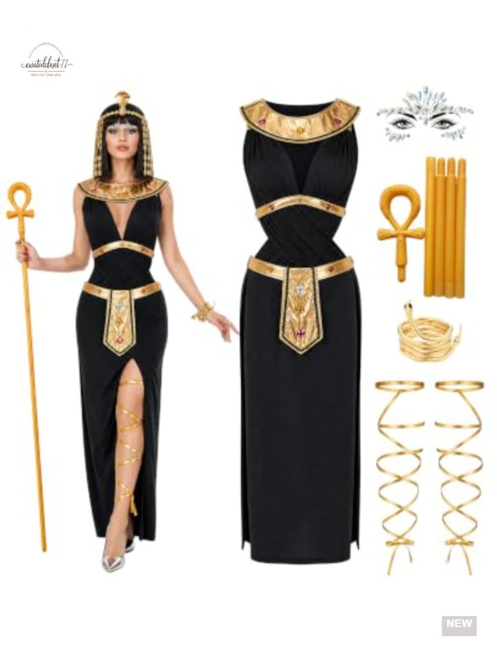 8 Pc Egyptian Costume Set Headpiece Belt Dress Staff Face Gems Cosplay